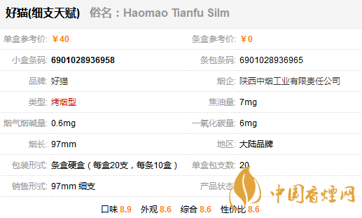 好貓細支天賦香煙價格表圖 好貓細支天賦香煙多少錢一包