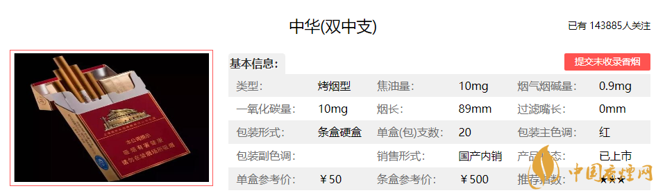 中華雙中支多少錢一條 中華雙中支香煙價格表